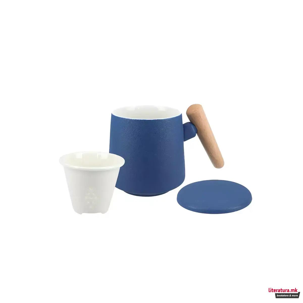 Шолја со керамичка цедалка и поклопка, сина, 400 ml 