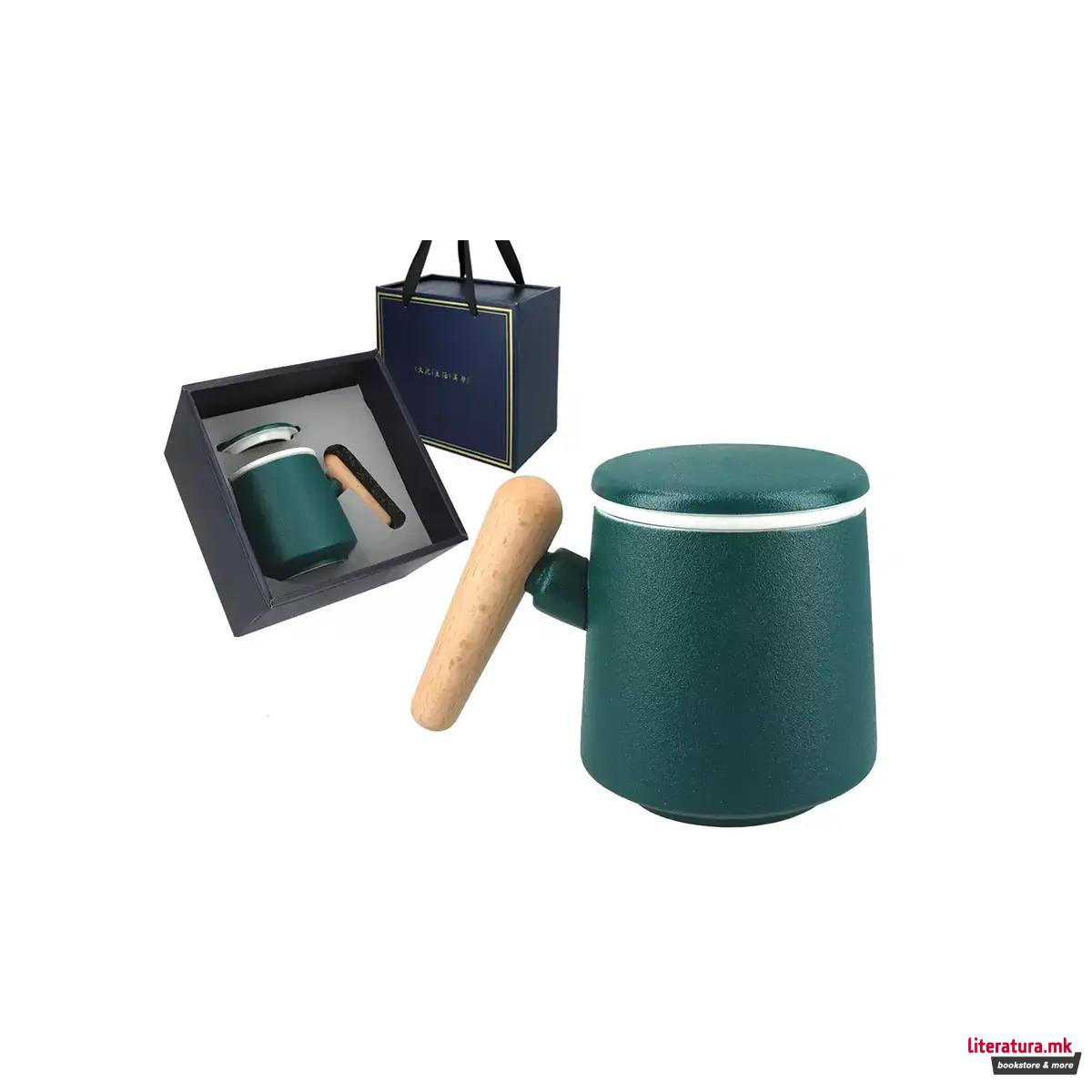 Шолја со керамичка цедалка и поклопка, зелена, 400 ml 