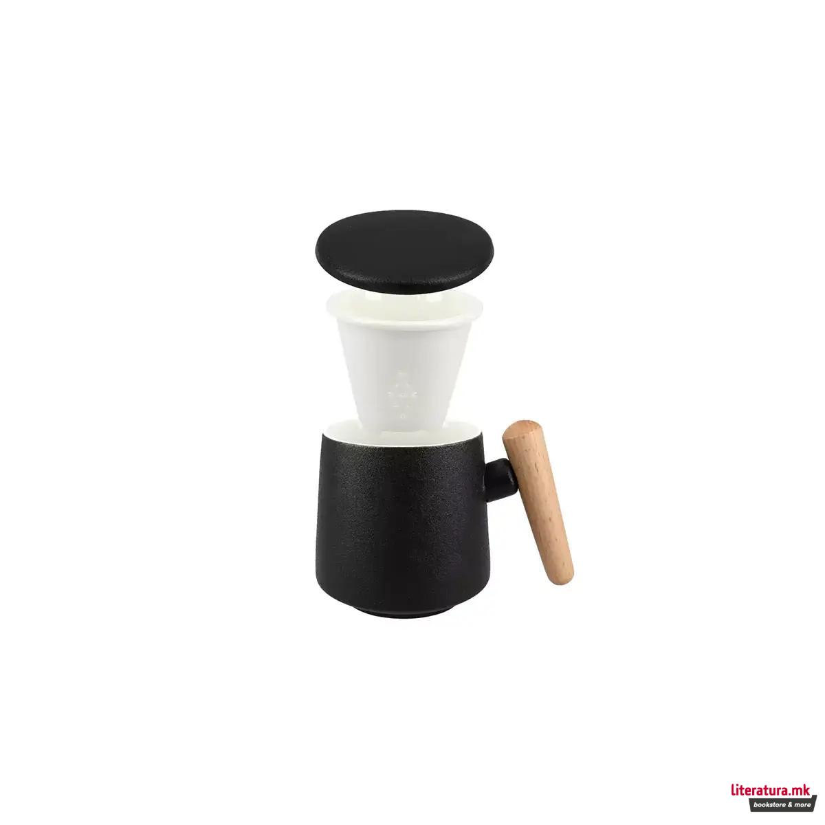 Шолја со керамичка цедалка и поклопка, црна, 400 ml 