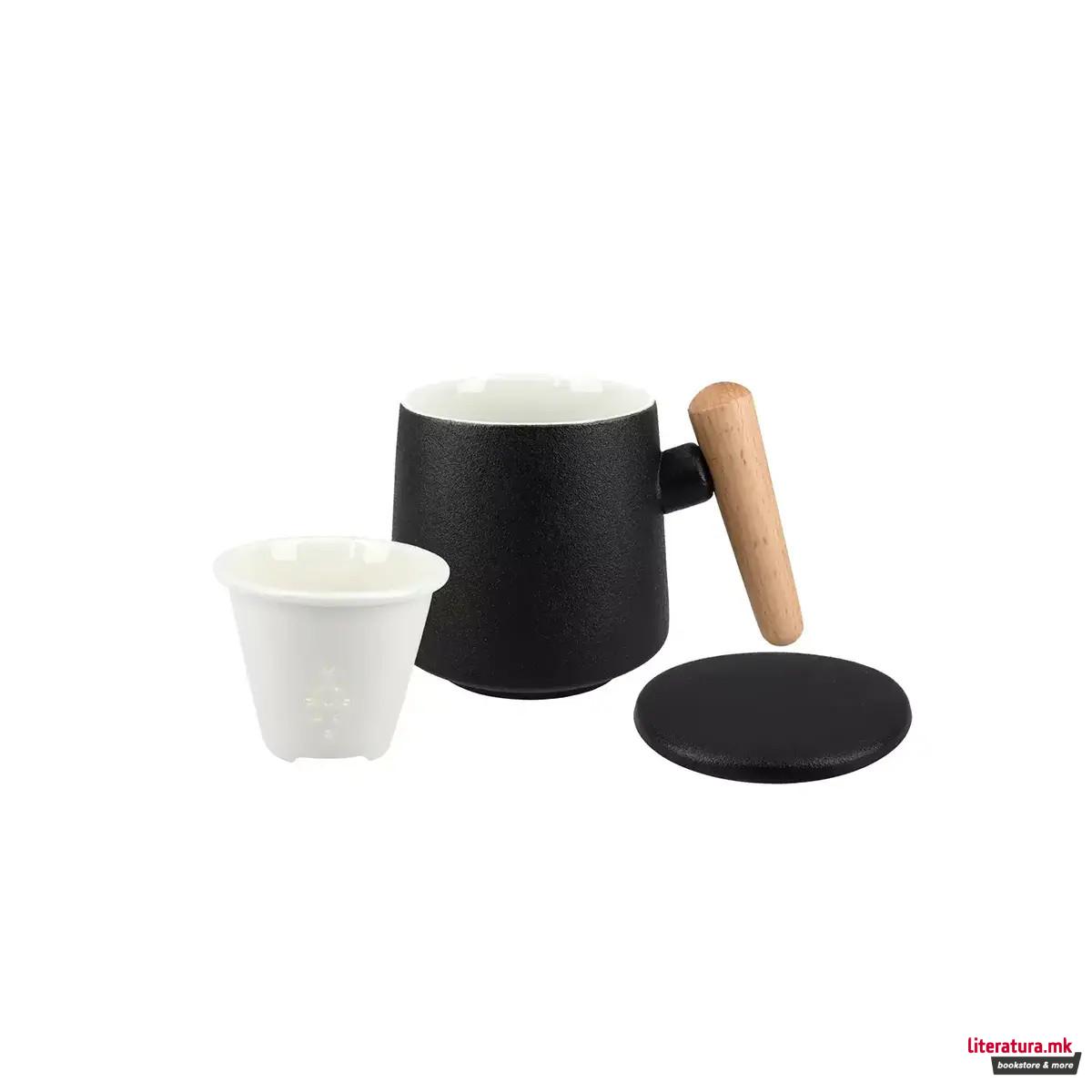 Шолја со керамичка цедалка и поклопка, црна, 400 ml 