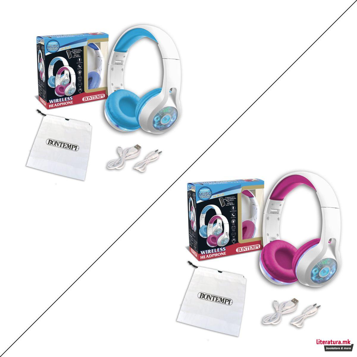 Безжични слушалки со LED - сини/розеви, Music Academy Wireless Headphones 