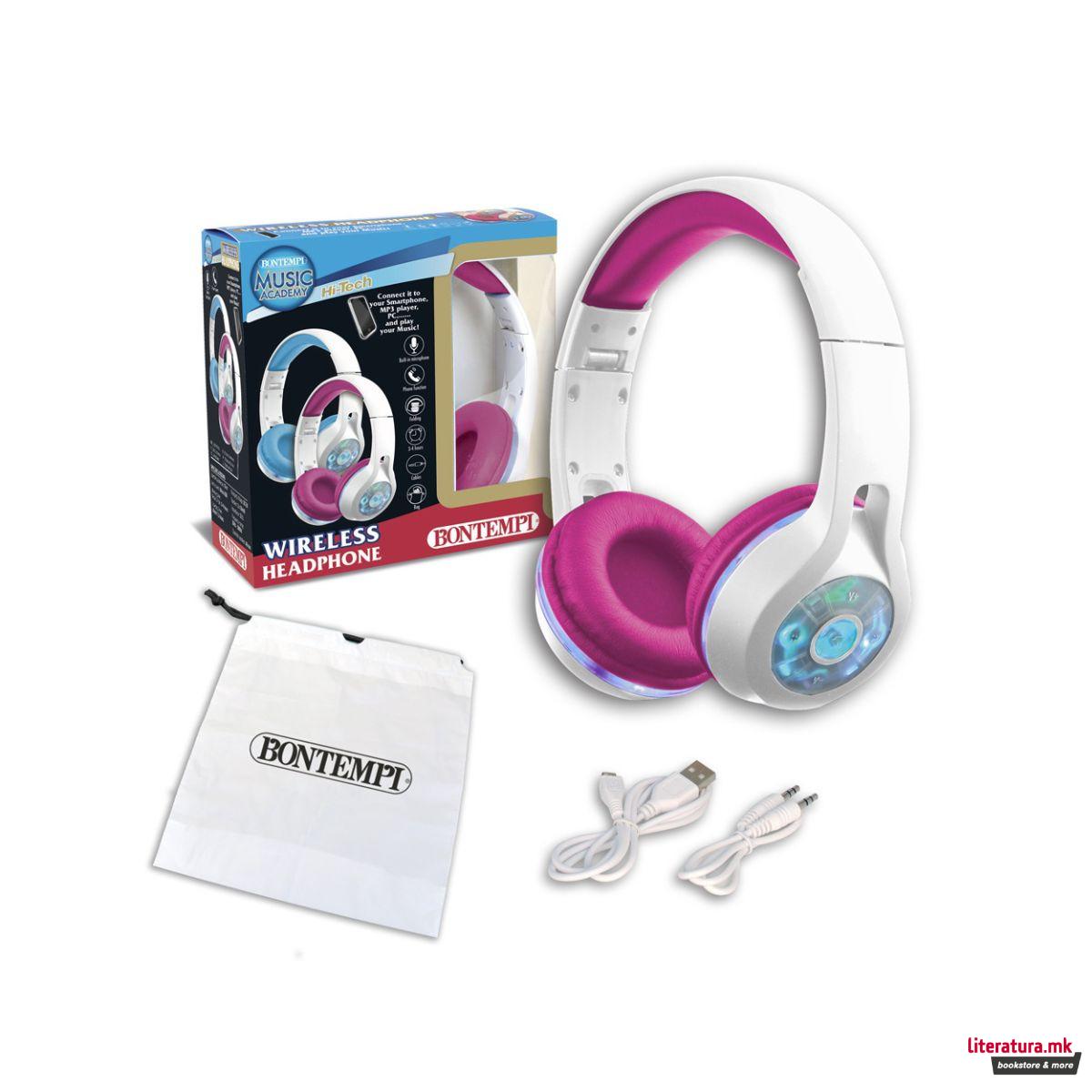 Безжични слушалки со LED - сини/розеви, Music Academy Wireless Headphones 