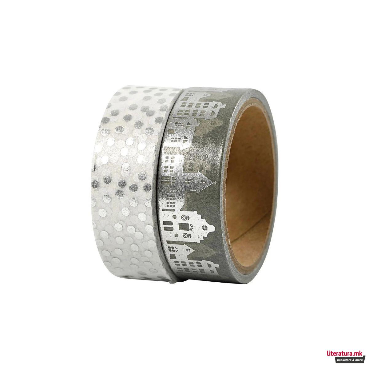 Декоративен селотејп, Houses & Dots, Silver, сет од 2 