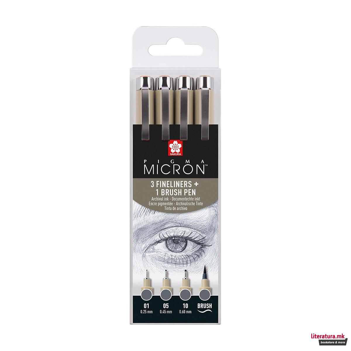 Сет фајнлајнери + брашпен, Sakura - Pigma Micron Cool Gray , 1/4 