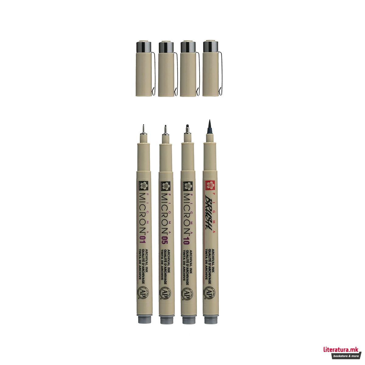 Сет фајнлајнери + брашпен, Sakura - Pigma Micron Cool Gray , 1/4 