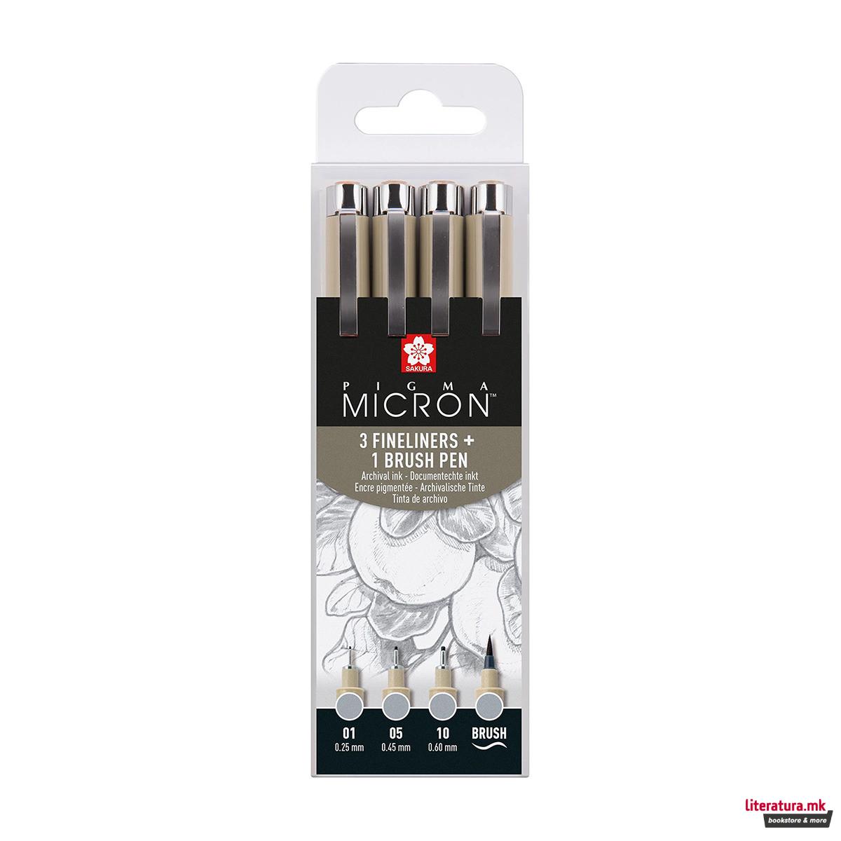 Сет фајнлајнери + брашпен, Sakura - Pigma Micron Light Cool Gray , 1/4 