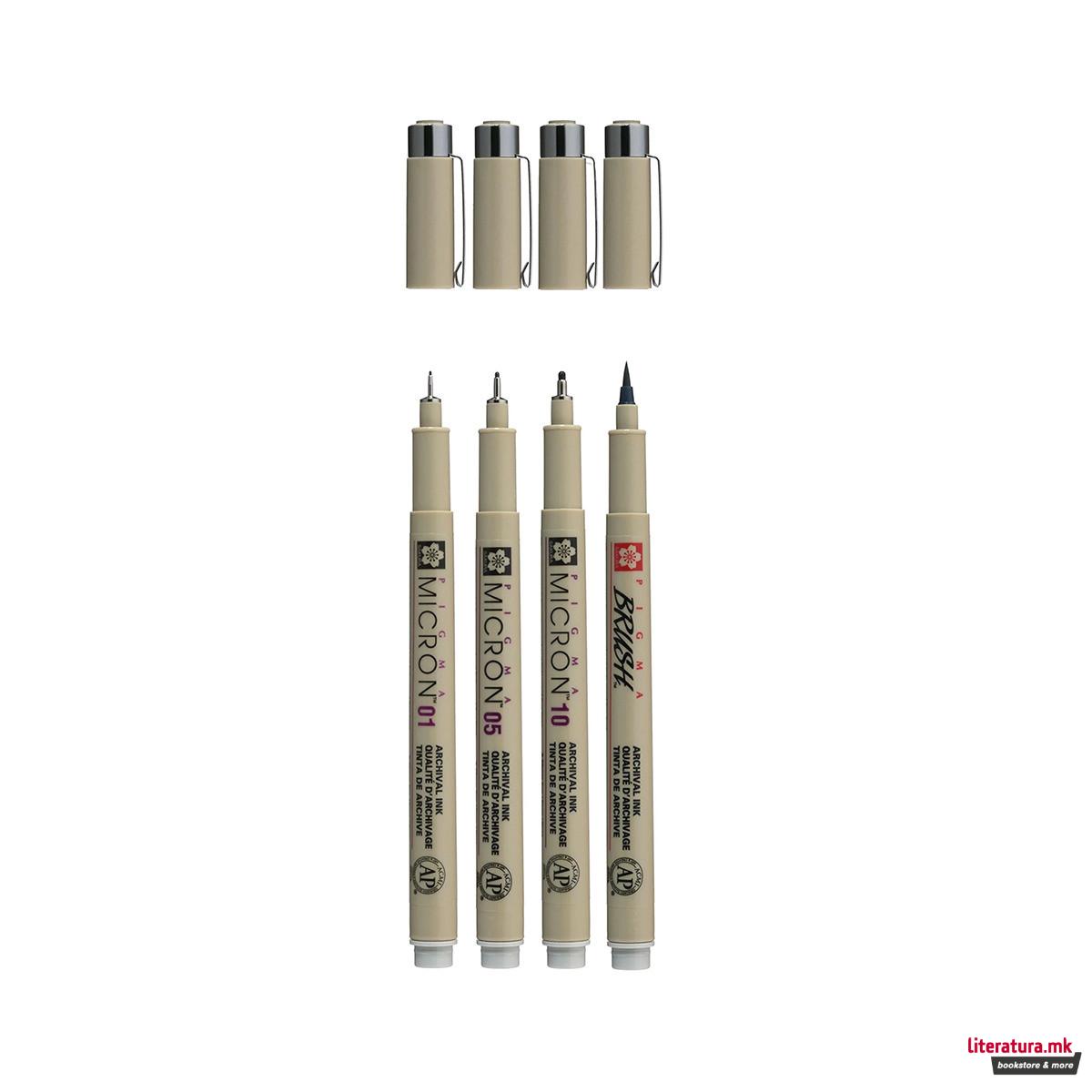 Сет фајнлајнери + брашпен, Sakura - Pigma Micron Light Cool Gray , 1/4 