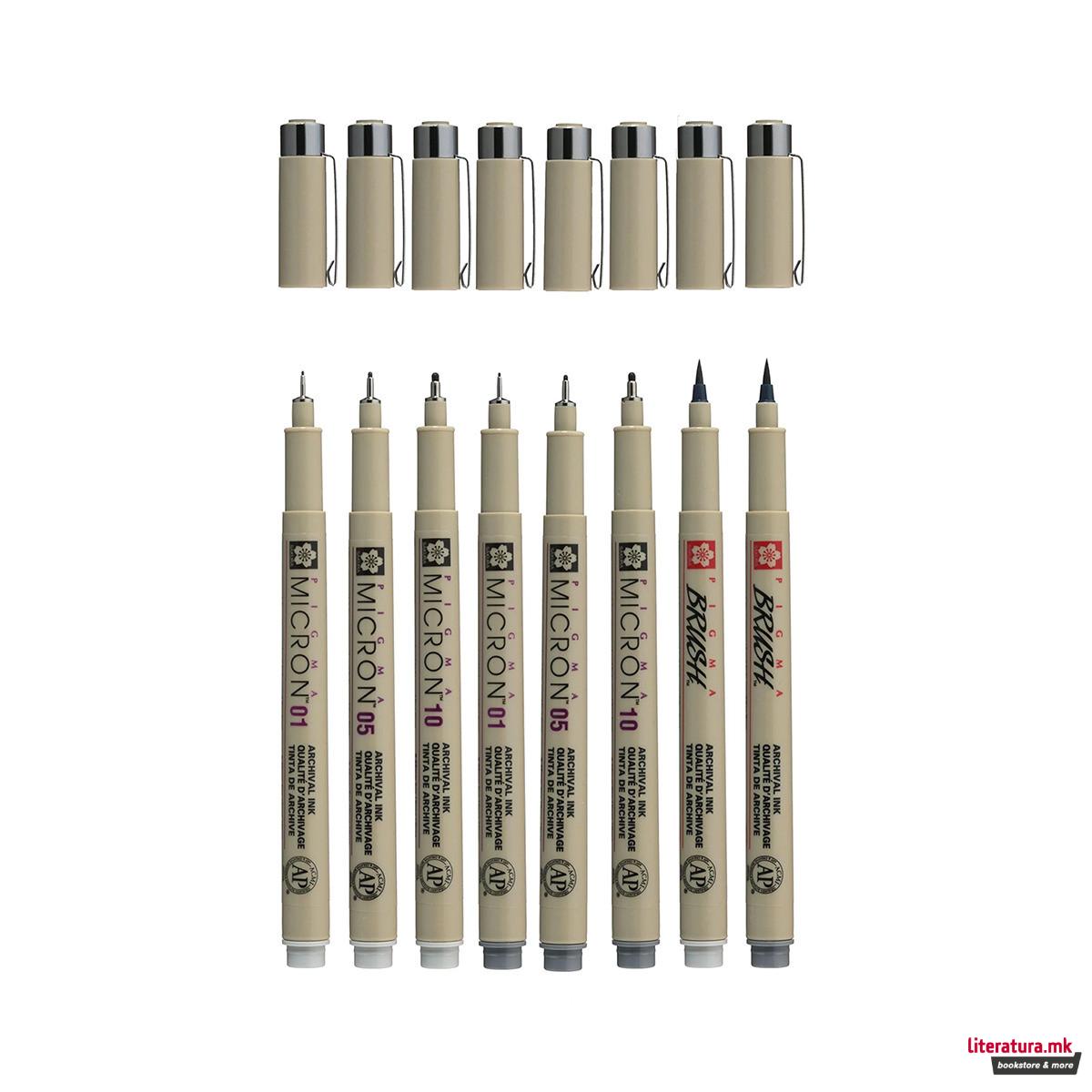 Сет фајнлајнери + брашпенс, Sakura-Pigma Micron Light Cool Gray & Cool Gray, 1/8 