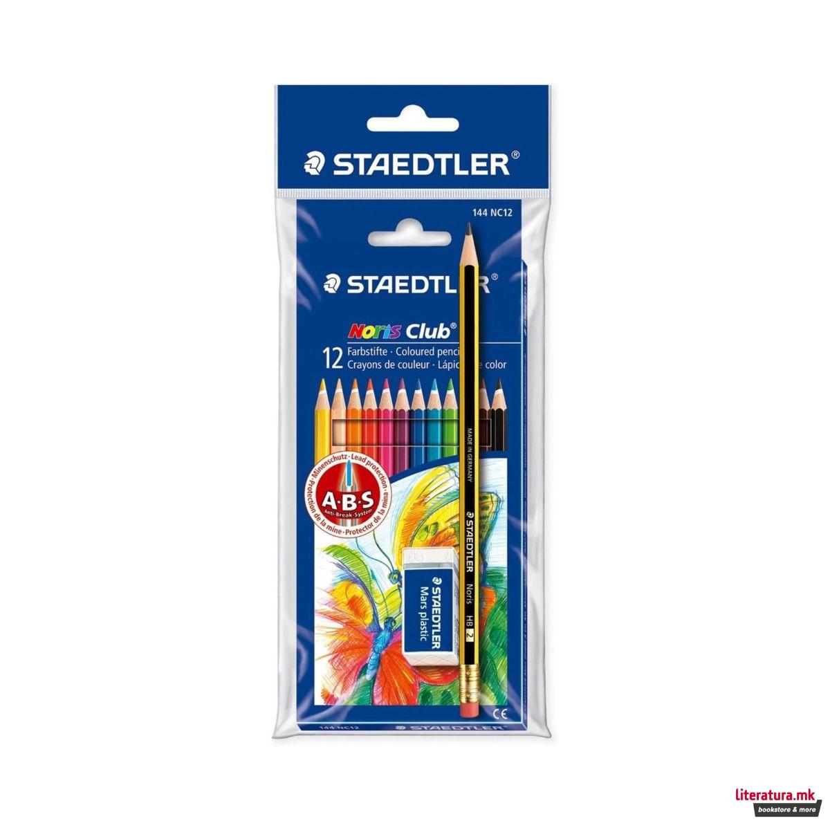 Сет од 12 дрвени боици + молив и гума, Noris Club® 