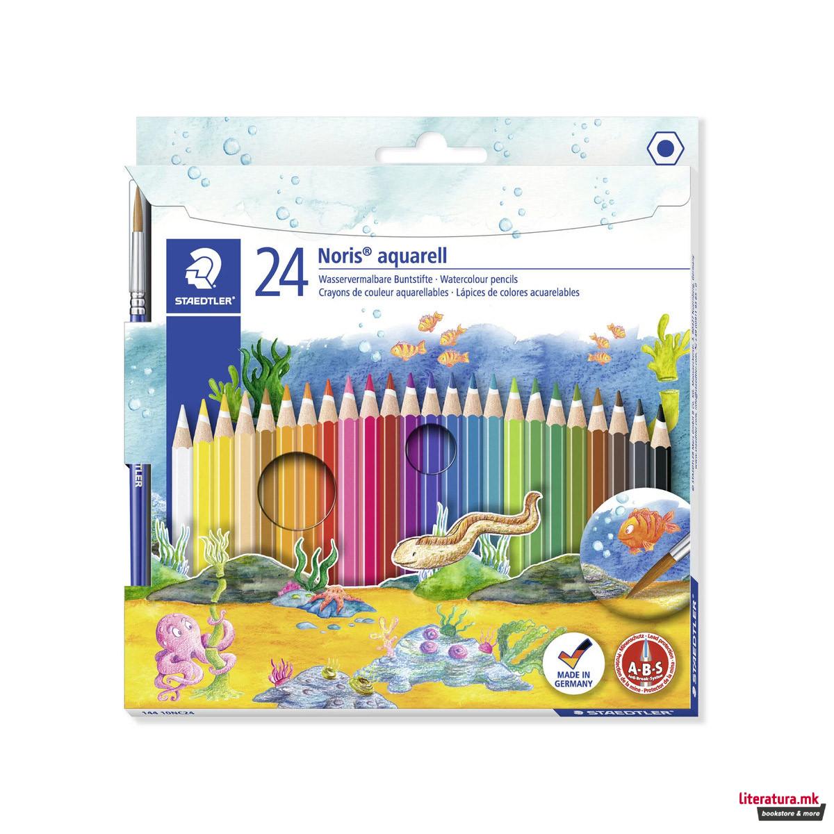 Сет од 24 дрвени акварели + четка, Noris® aquarell 