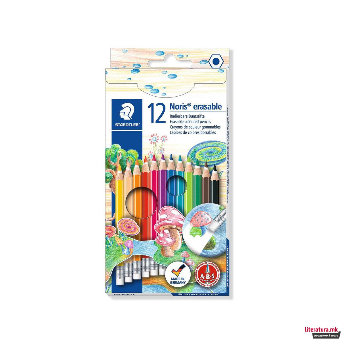 Сет од 12 дрвени боици со гума, Noris® erasable 