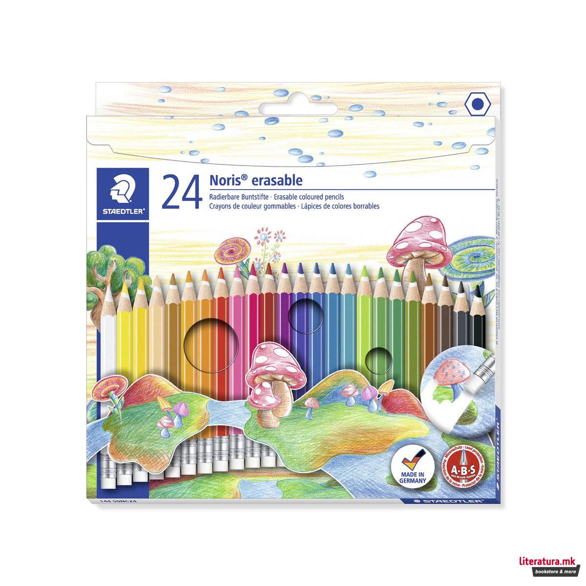 Сет од 24 дрвени боици со гума, Noris® erasable 