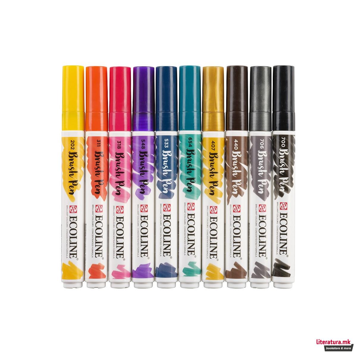 Сет од 10 брашпенс, ECOLINE, Brush Pen, Dark 