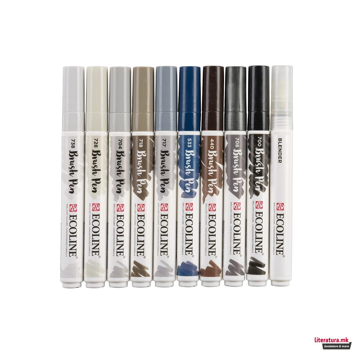 Сет од 10 брашпенс, ECOLINE, Brush Pen, Greys 