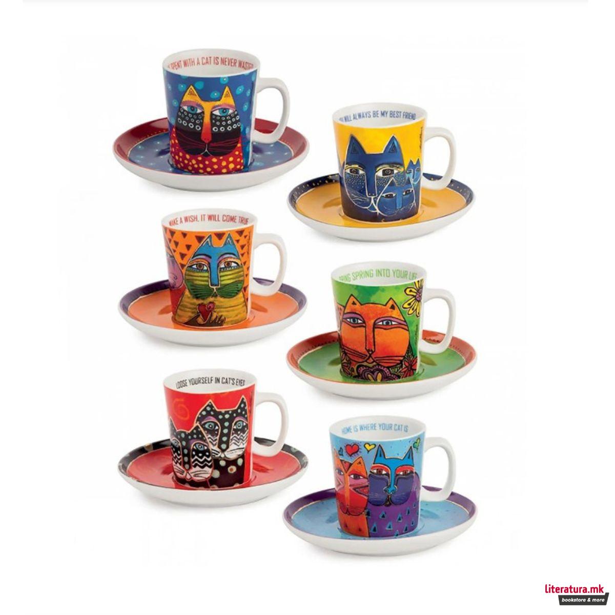 Сет од 6 шолји за еспресо со тацни, Laurel Burch 