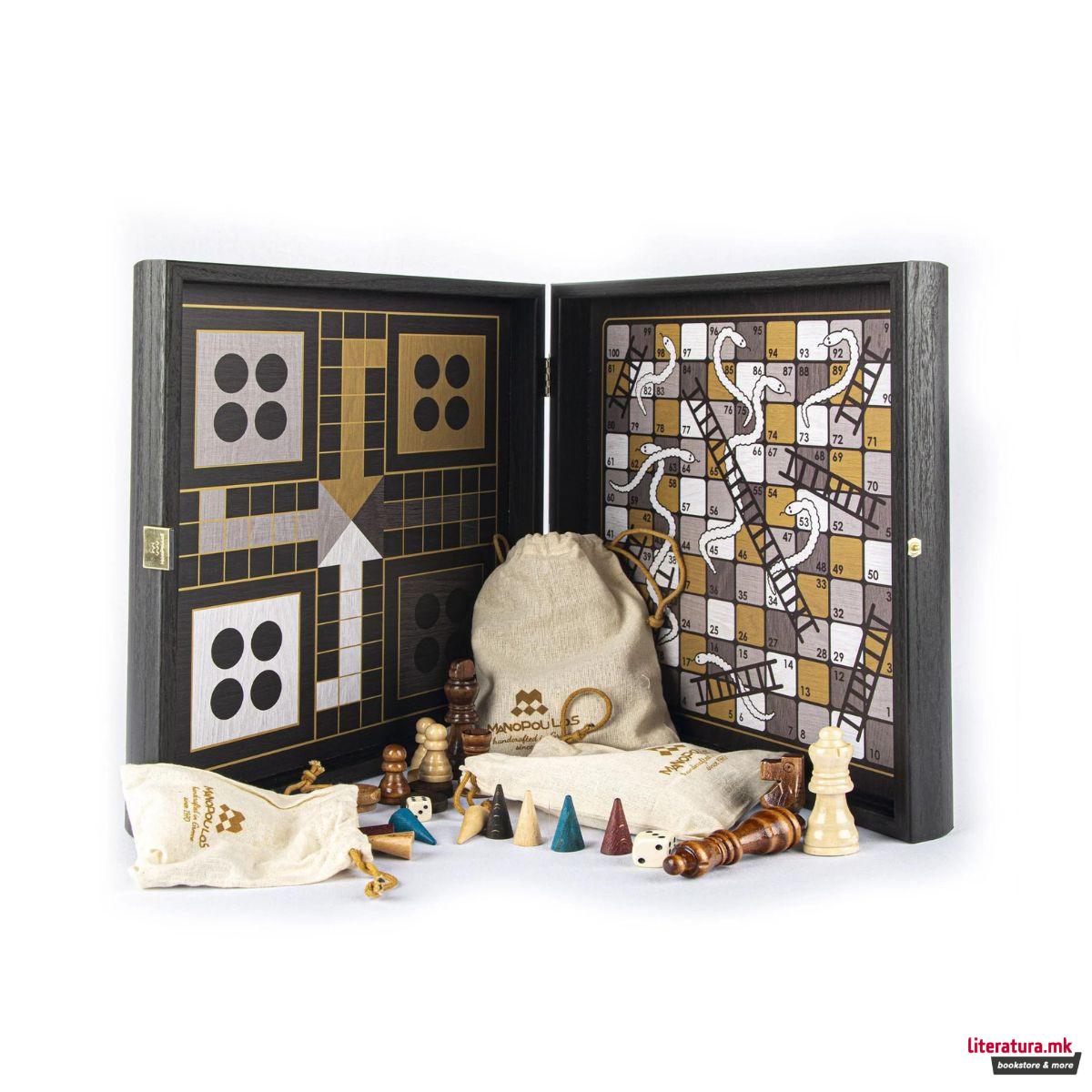 Сет игри 4 во 1, Modern Style Chess, Backgammon, Ludo & Snakes, црн 