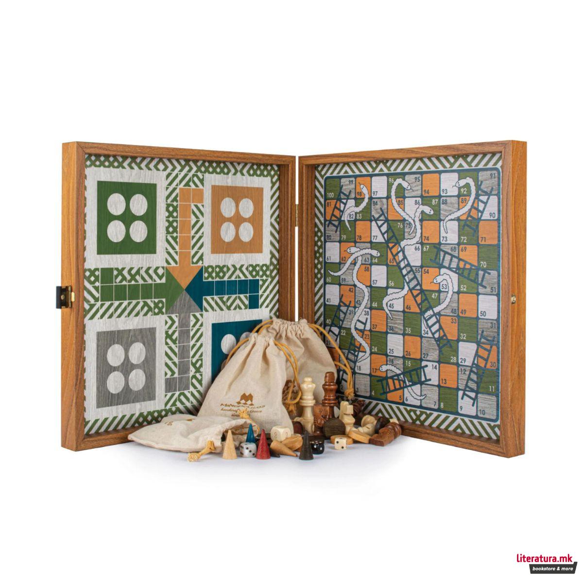 Сет игри 4 во 1, Retro Style Chess, Backgammon, Ludo & Snakes, зелен 