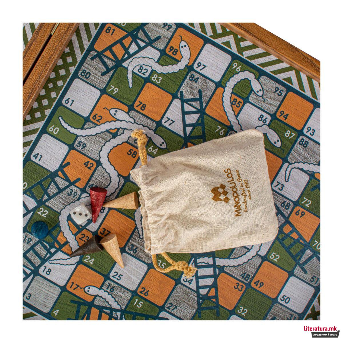 Сет игри 4 во 1, Retro Style Chess, Backgammon, Ludo & Snakes, зелен 