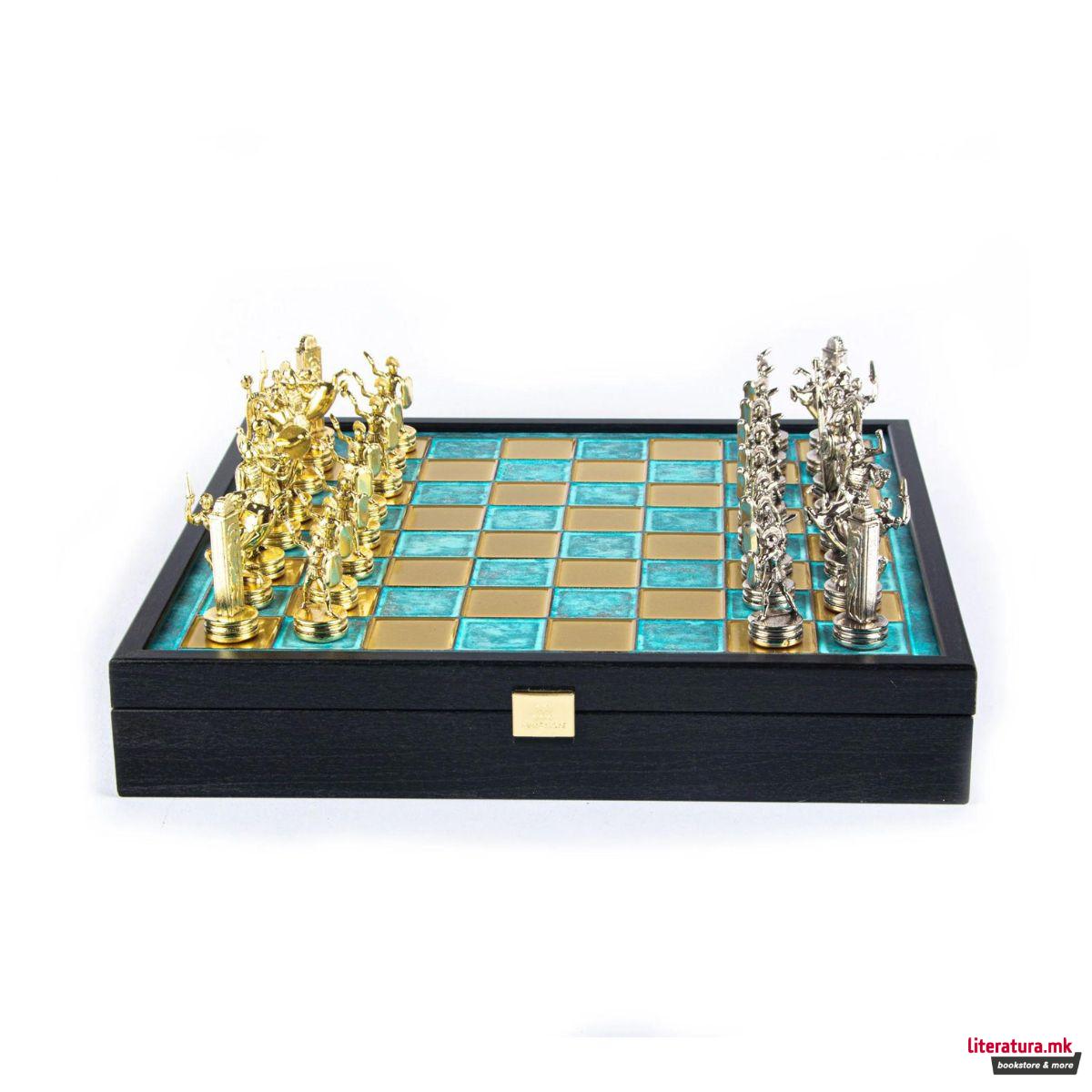 Сет за шах во дрвена кутија, Greek Mythology Chess Set – Gold & Silver, тиркизен 