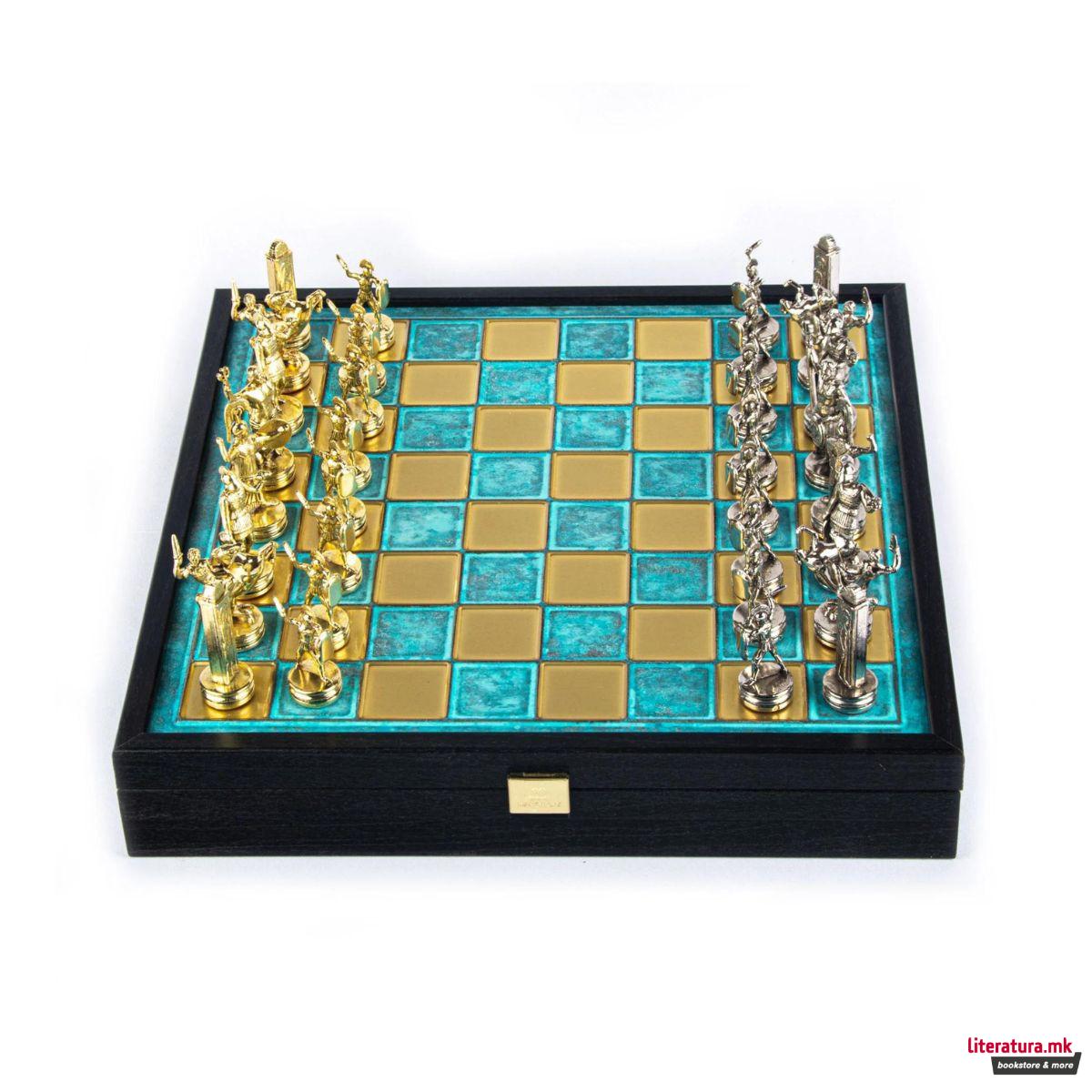 Сет за шах во дрвена кутија, Greek Mythology Chess Set – Gold & Silver, тиркизен 
