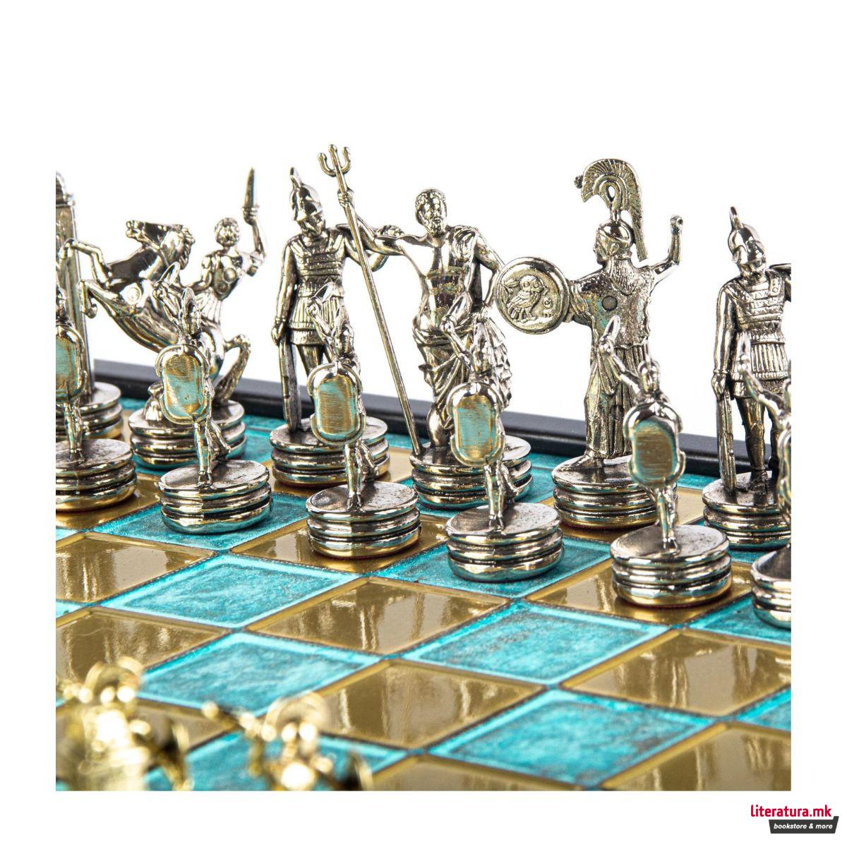 Сет за шах во дрвена кутија, Greek Mythology Chess Set – Gold & Silver, тиркизен 