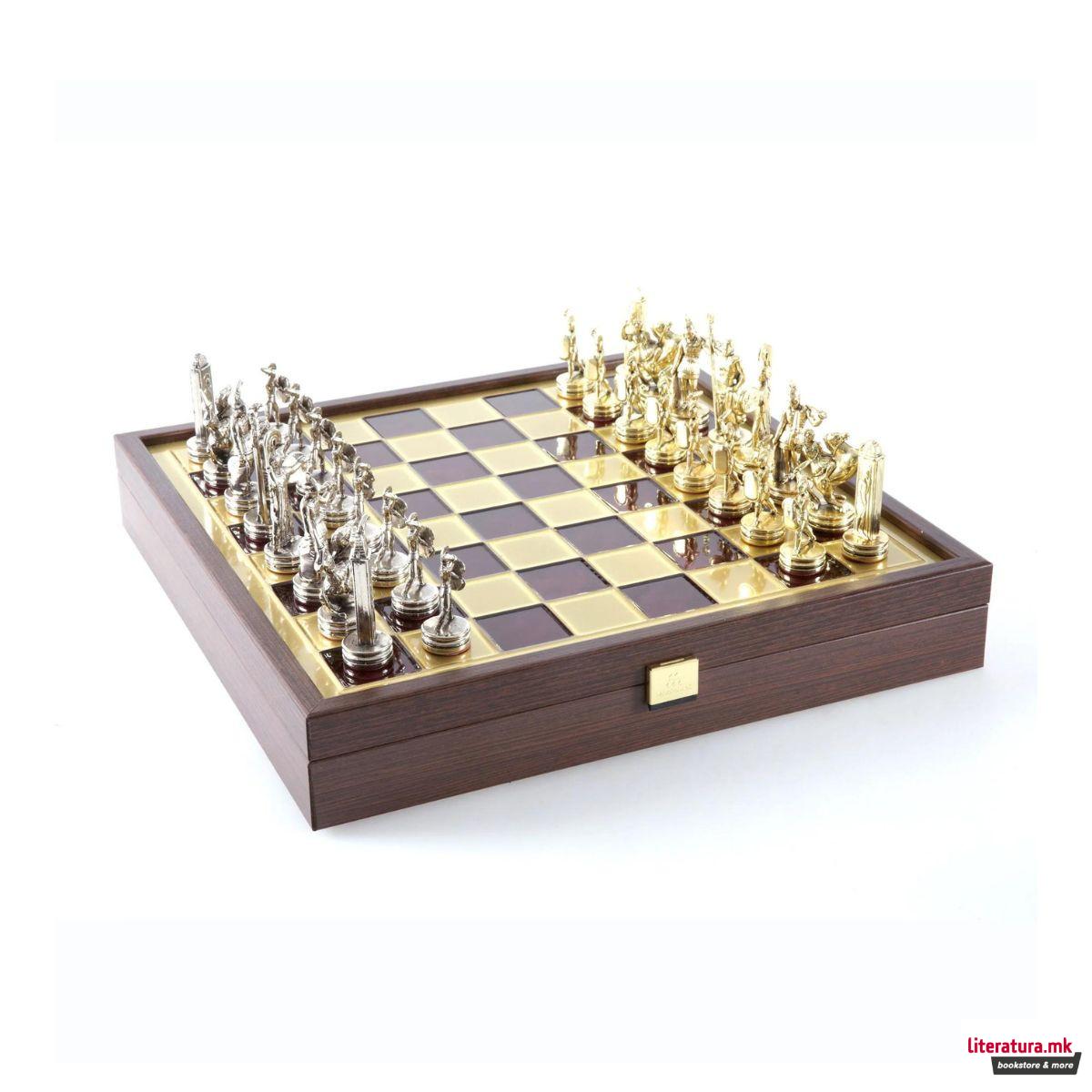 Сет за шах во дрвена кутија, Greek Mythology Chess Set, црвен, среден 