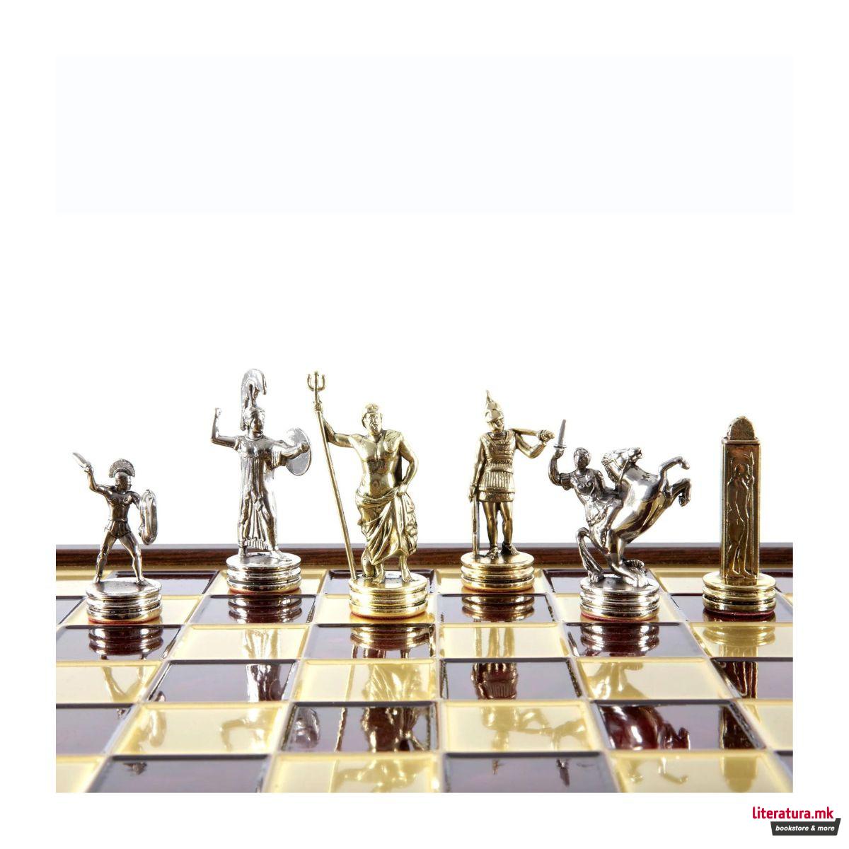 Сет за шах во дрвена кутија, Greek Mythology Chess Set, црвен, среден 