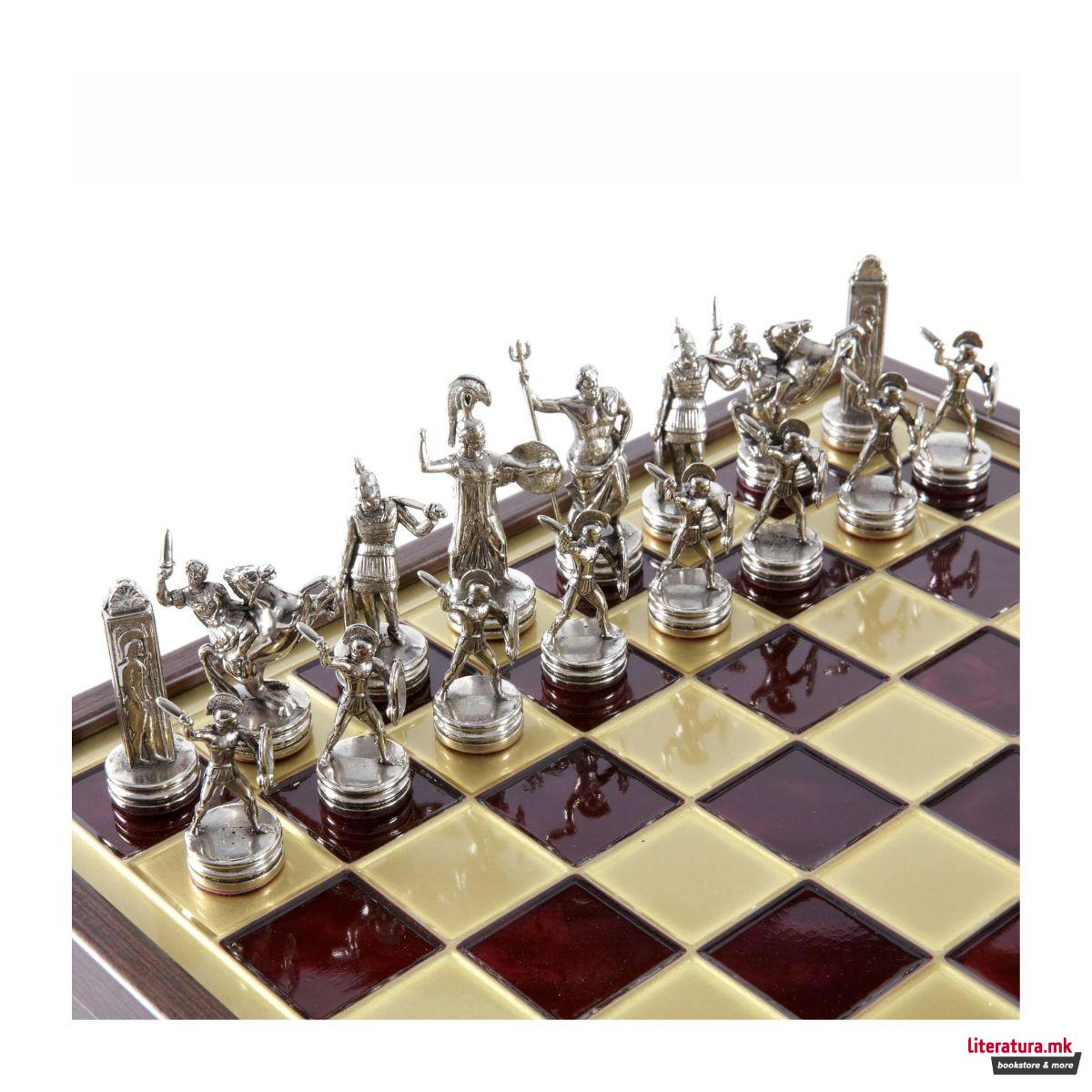 Сет за шах во дрвена кутија, Greek Mythology Chess Set, црвен, среден 