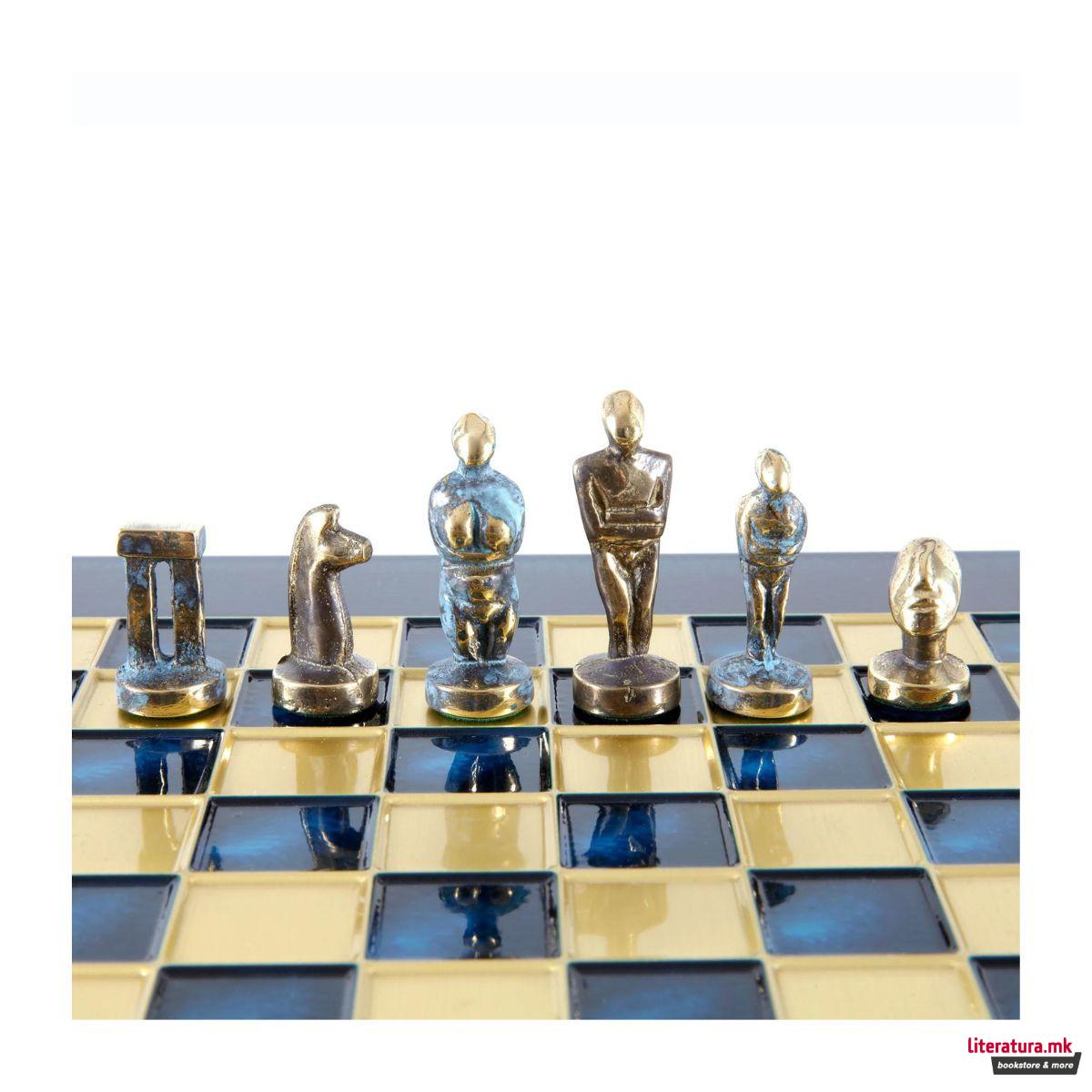 Сет за шах, Cycladic Art Brass Chess Set - Blue & Brown, син, мал 