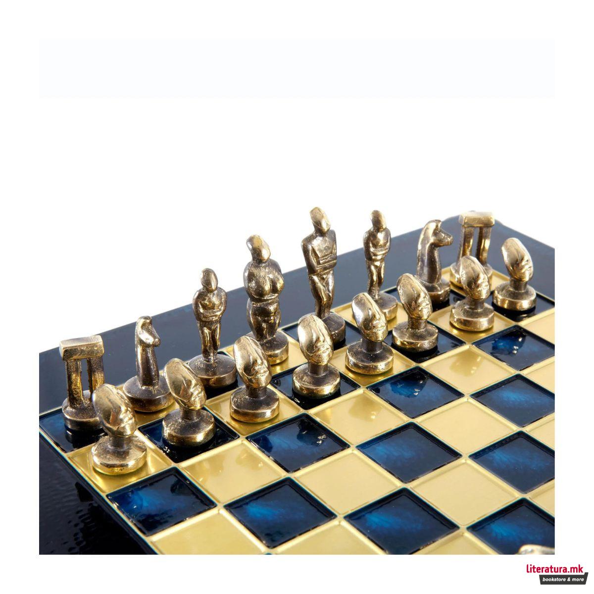 Сет за шах, Cycladic Art Brass Chess Set - Blue & Brown, син, мал 