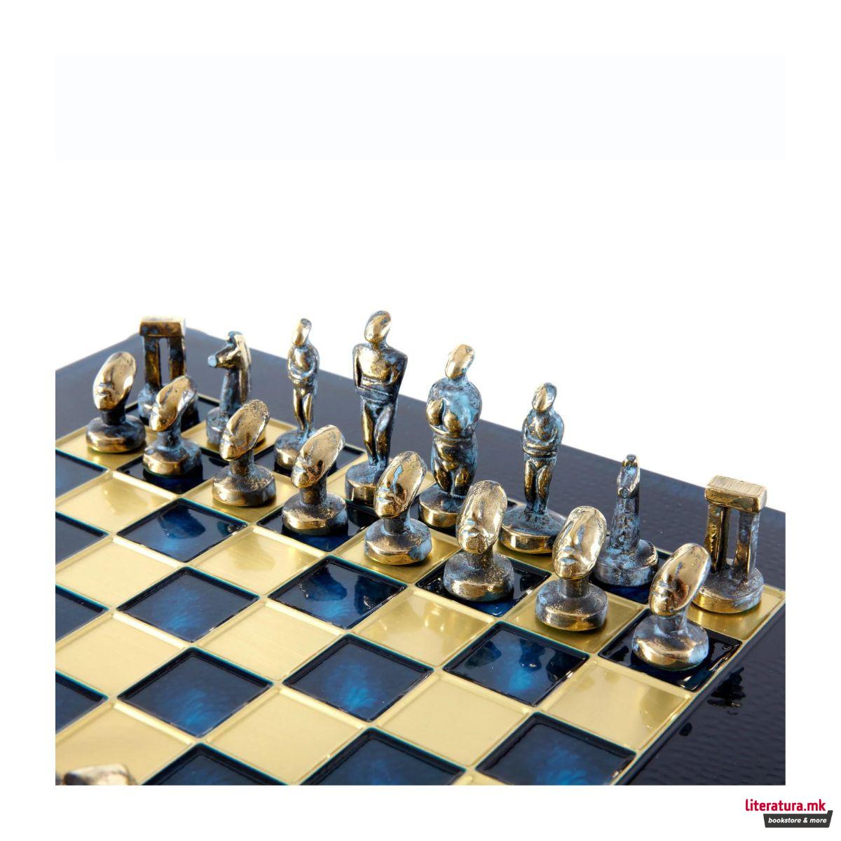 Сет за шах, Cycladic Art Brass Chess Set - Blue & Brown, син, мал 