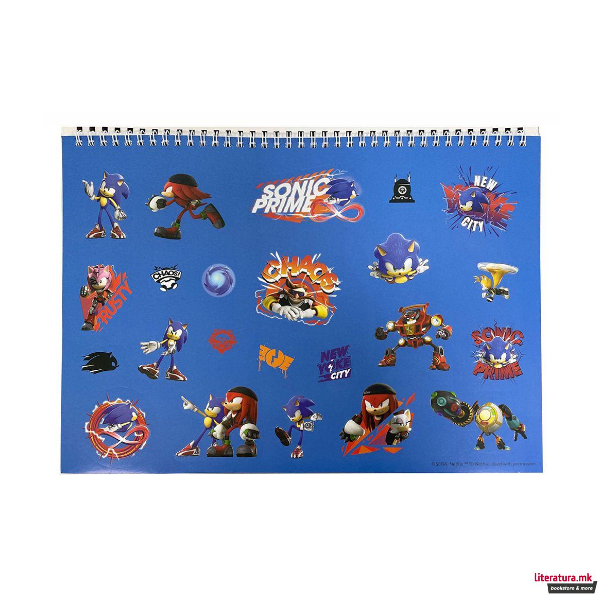 Скицник со стикери, Sonic Prime, 23 x 33 cm, 40 листови 
