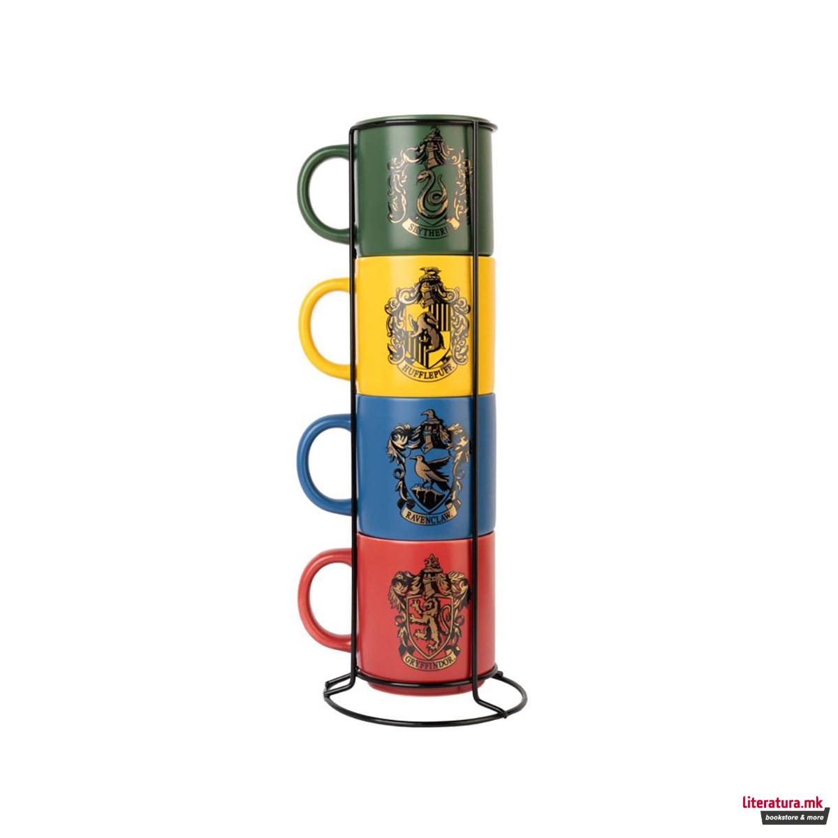 Сет од 4 шолји + метален држач, Harry Potter - Hogwarts Houses 