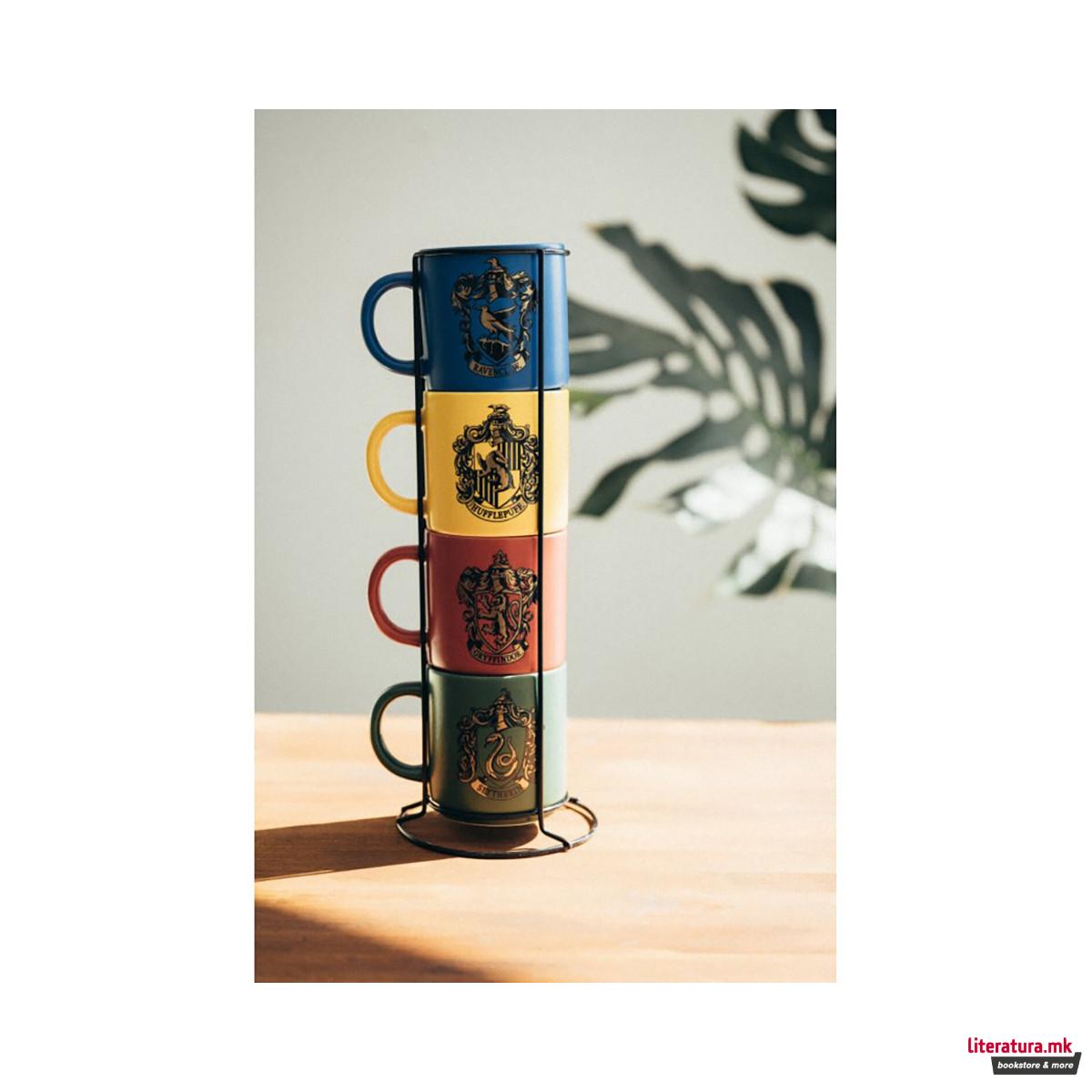 Сет од 4 шолји + метален држач, Harry Potter - Hogwarts Houses 