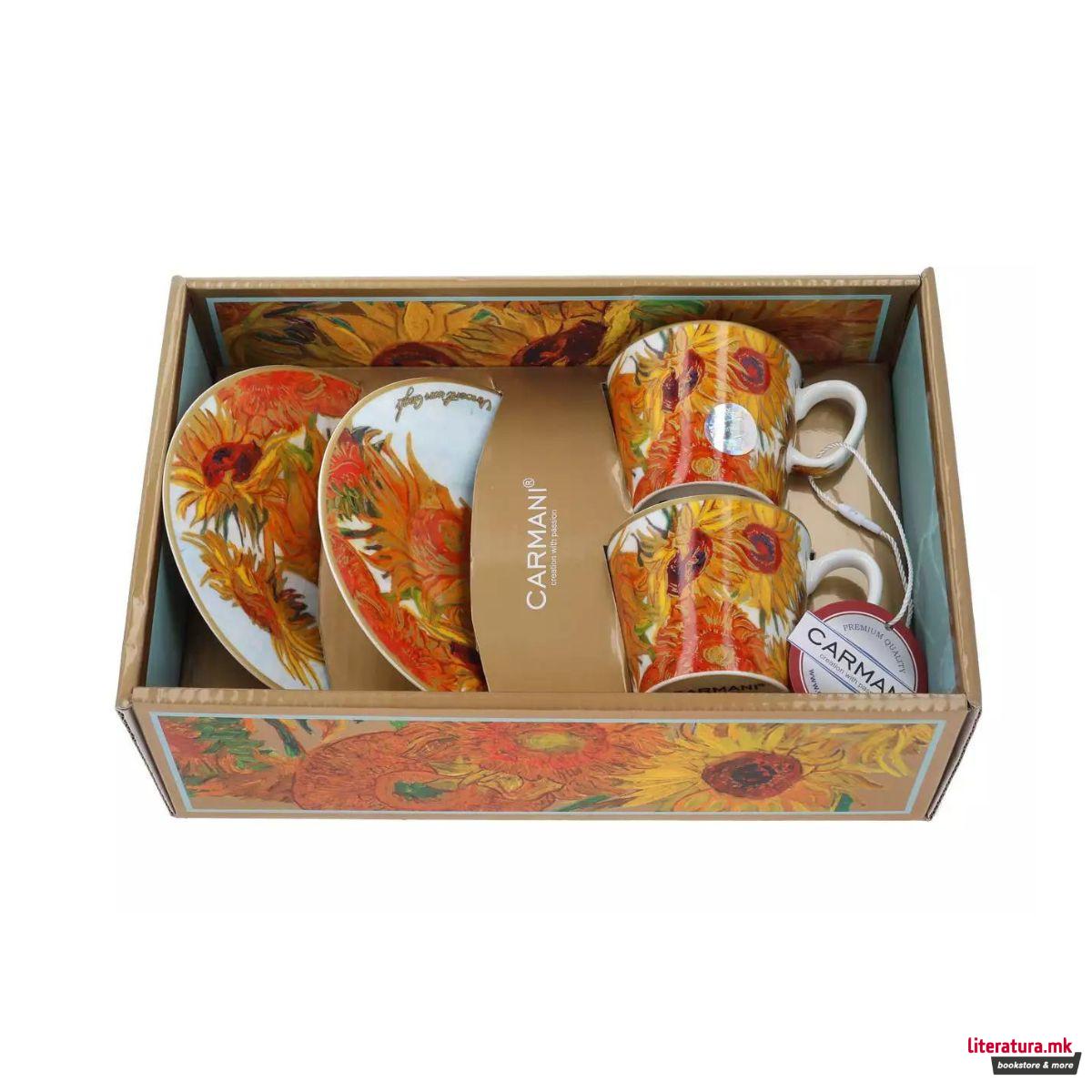 Сет од 2 шолји за еспресо со тацни, Van Gogh - Sunflowers, 100ml 