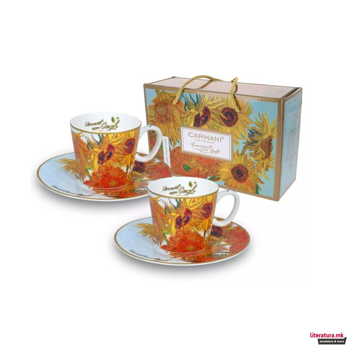 Сет од 2 шолји за еспресо со тацни, Van Gogh - Sunflowers, 100ml 