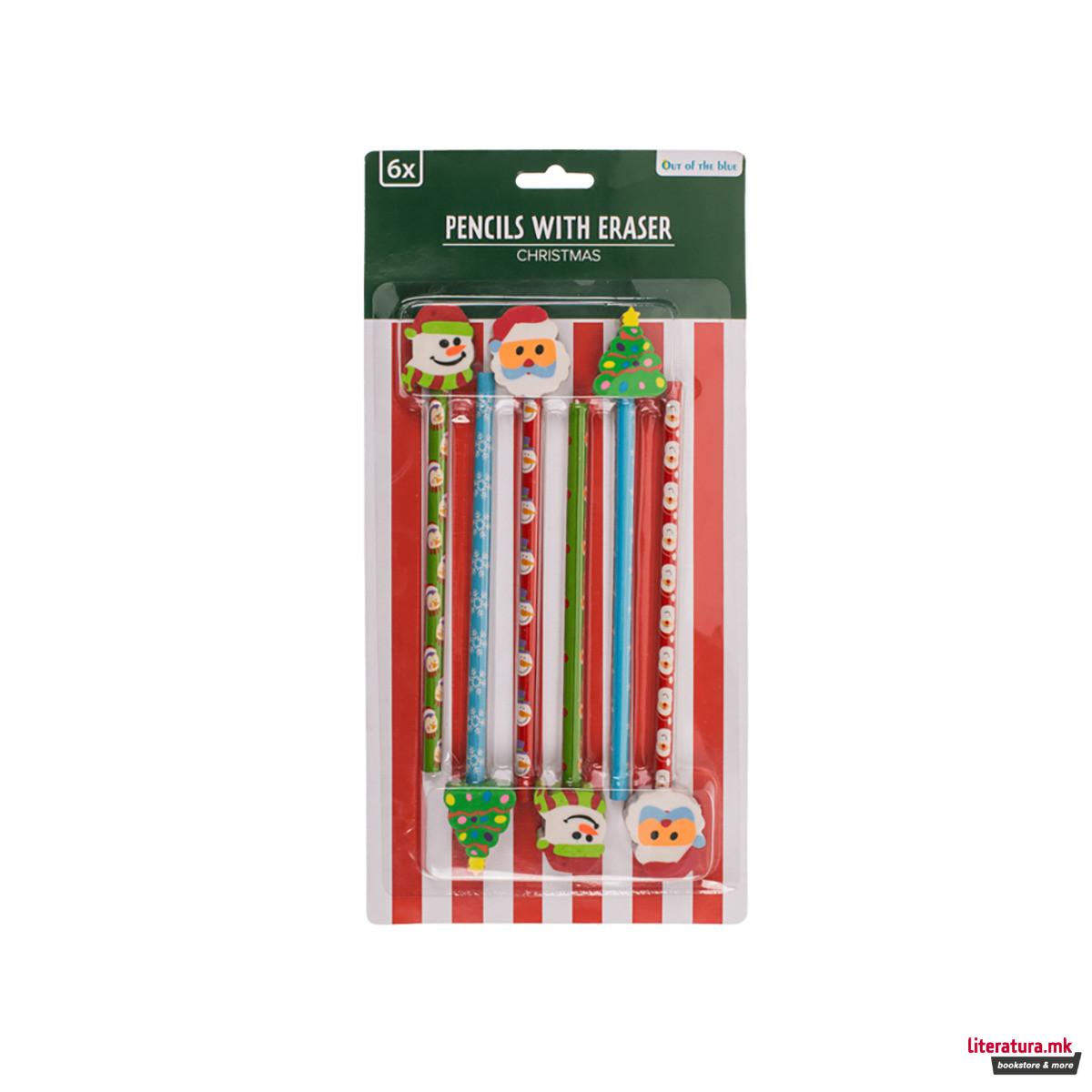 Сет од 6 божиќни моливи со гума 