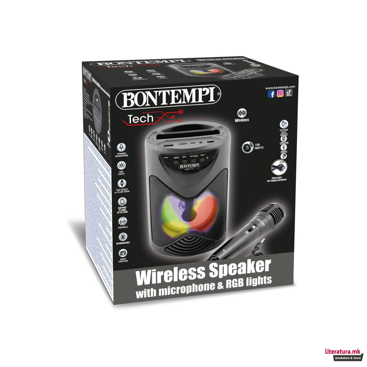 Безжичен звучник со микрофон и RGB светла, Tech - цилиндар, мал 