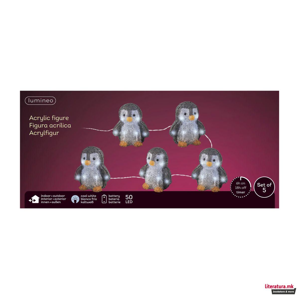 Сет декоративни фигури со LED светла, Penguins, 1/5 