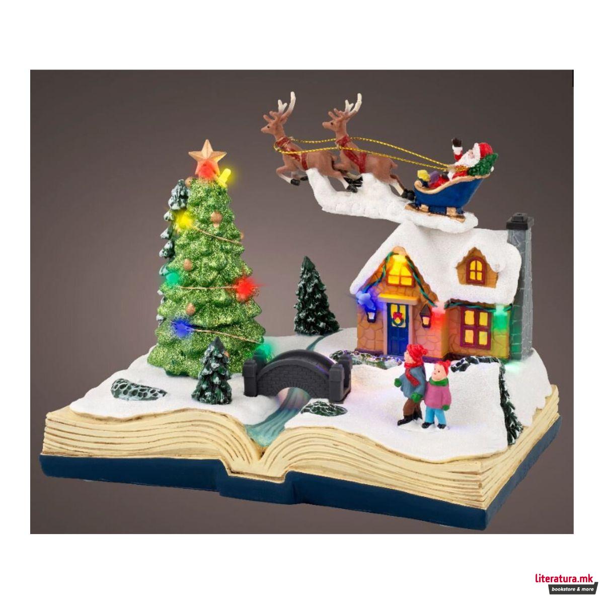 Декоративна фигура со LED светла, Santa Flying Over House 