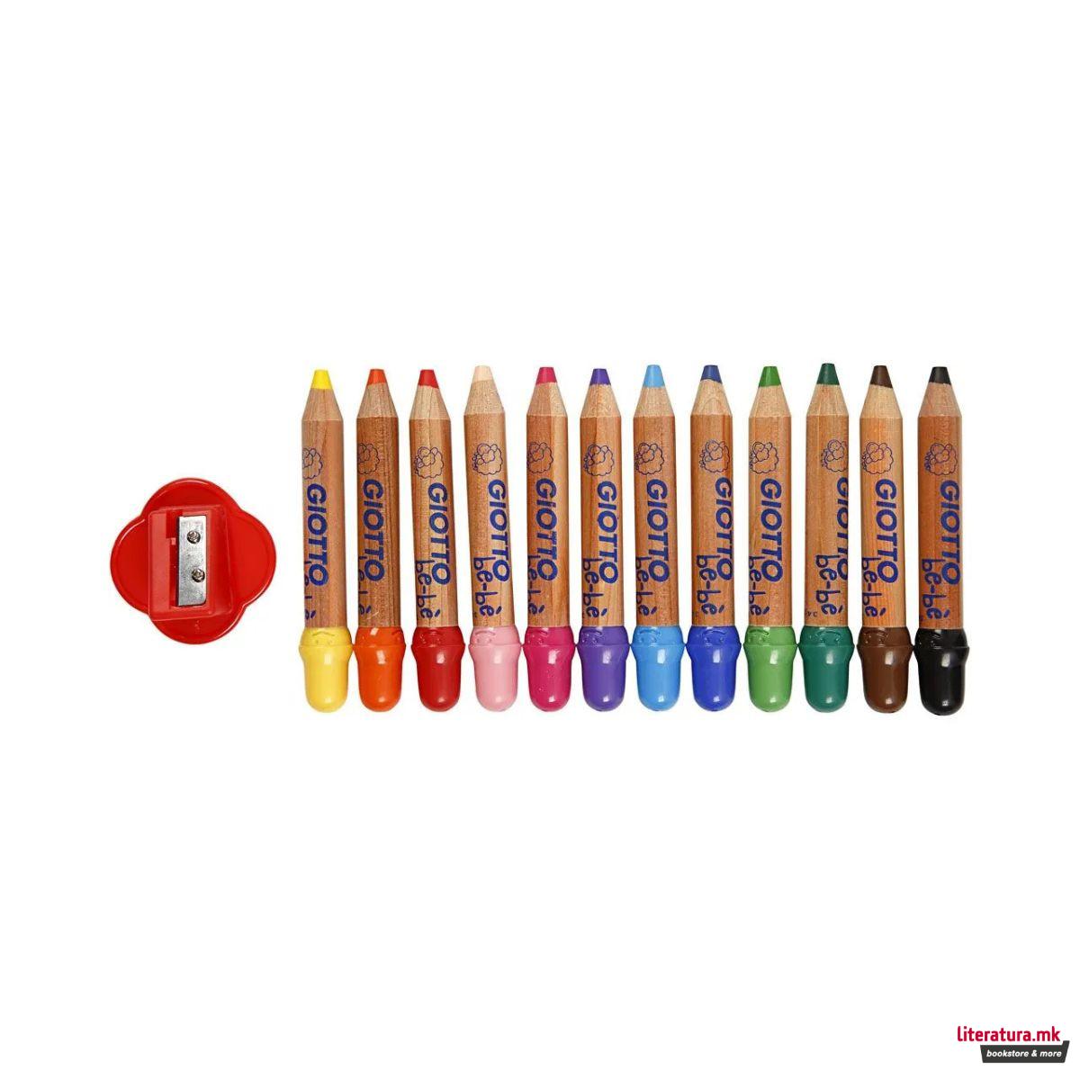 Сет од 12 дрвени боички + острилка, Giotto be-be 