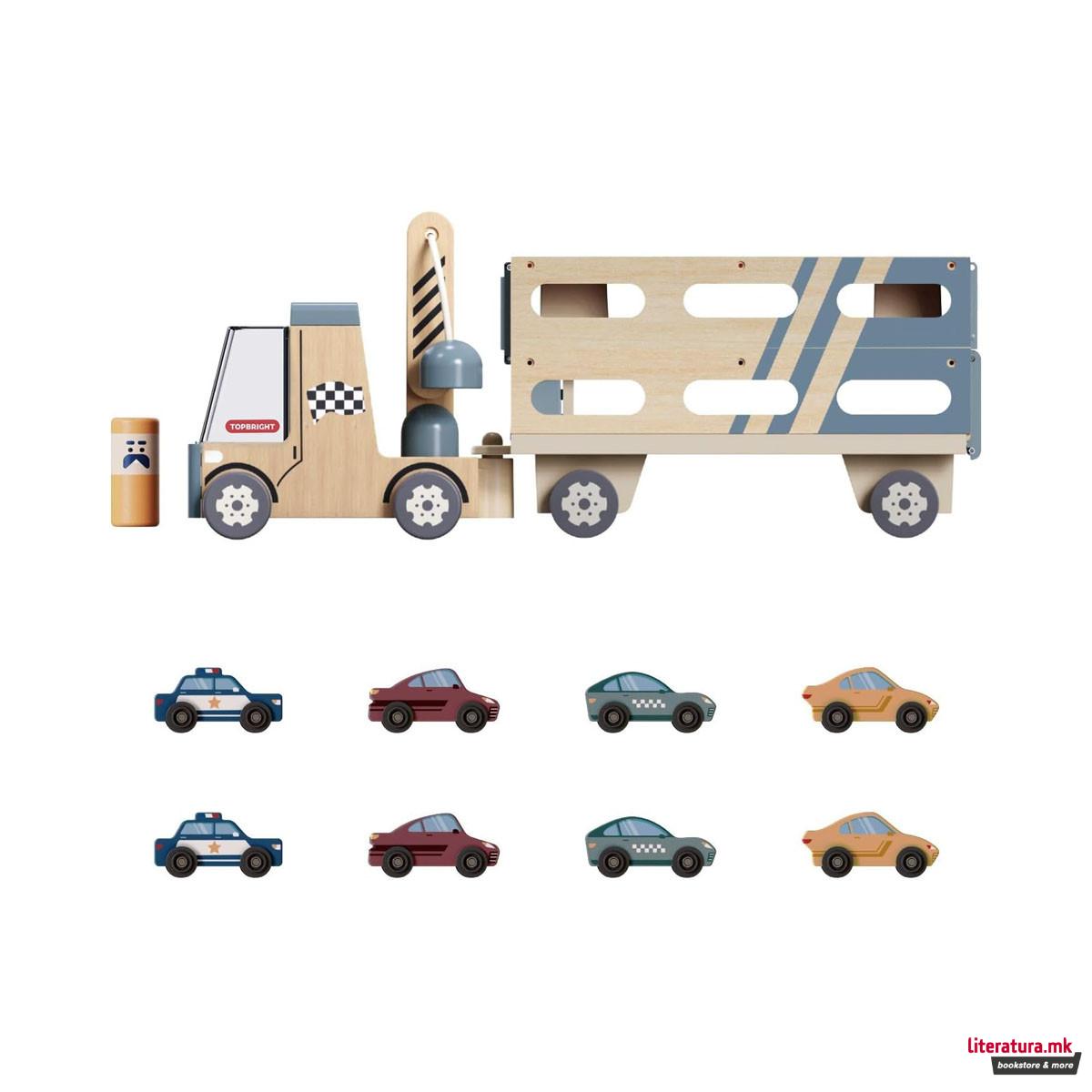 Дрвен сет за игра Roll & Race Car Transporter 