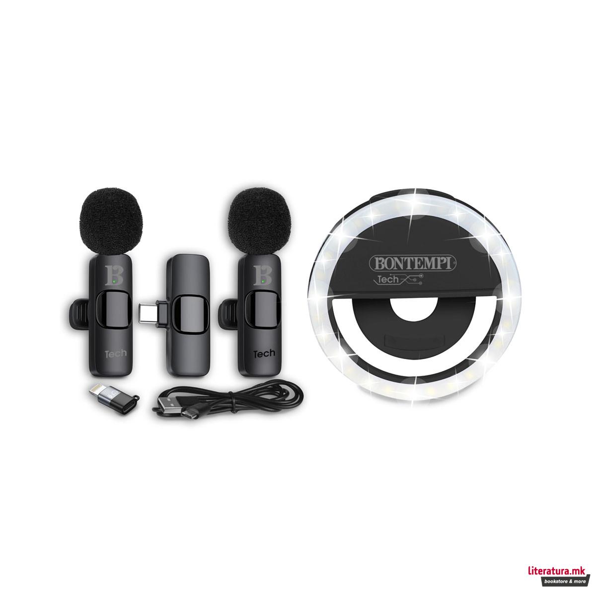 Сет од 2 мини клип-микрофони и селфи светло 