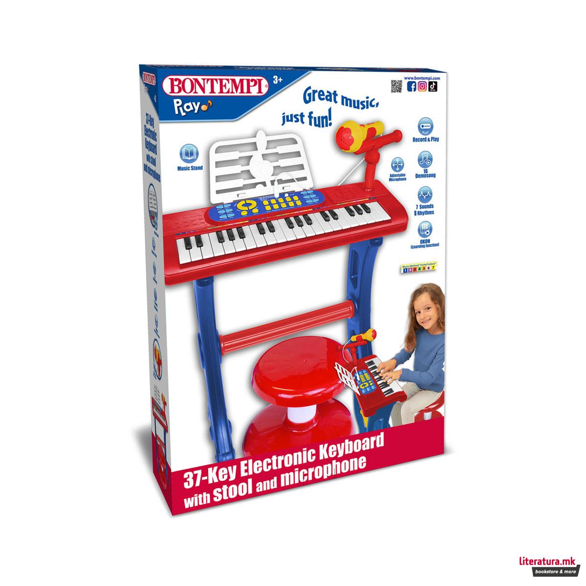 Детска електронска клавијатура со микрофон и столче, 37 клавиши 