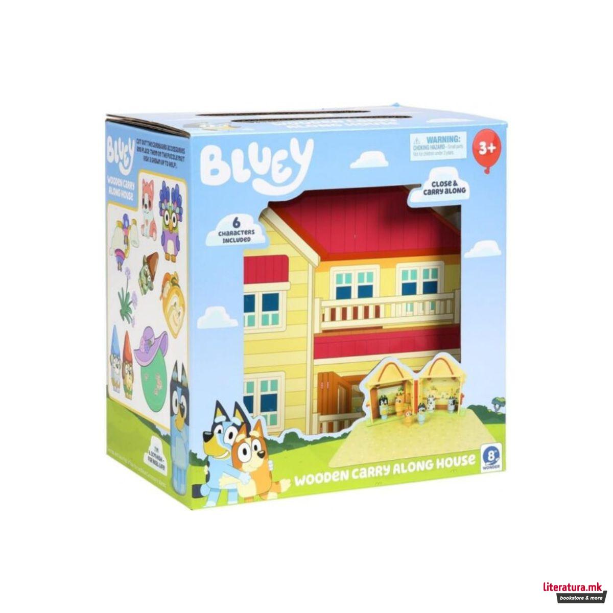 Дрвена куќичка со 6 фигури, Bluey: Wooden Carry Along House 