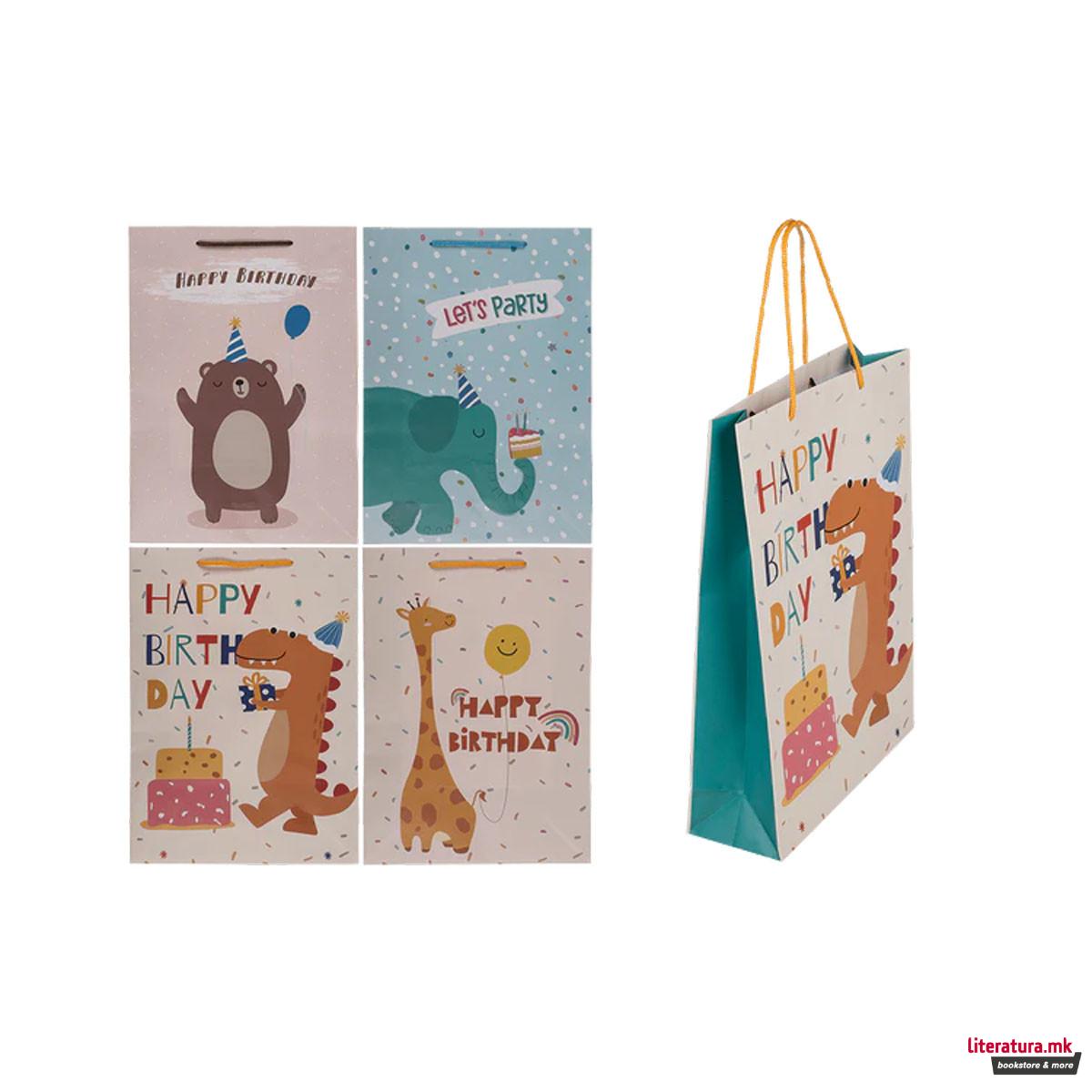Хартиена украсна кеса, Birthday Animals, 25 x 35 cm, 4 дизајни 