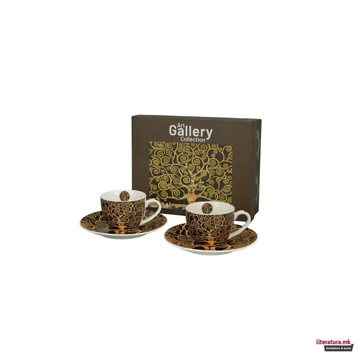 Сет од 2 шолји за еспресо со тацни, Klimt - Tree of Life (кафеави), 110ml 