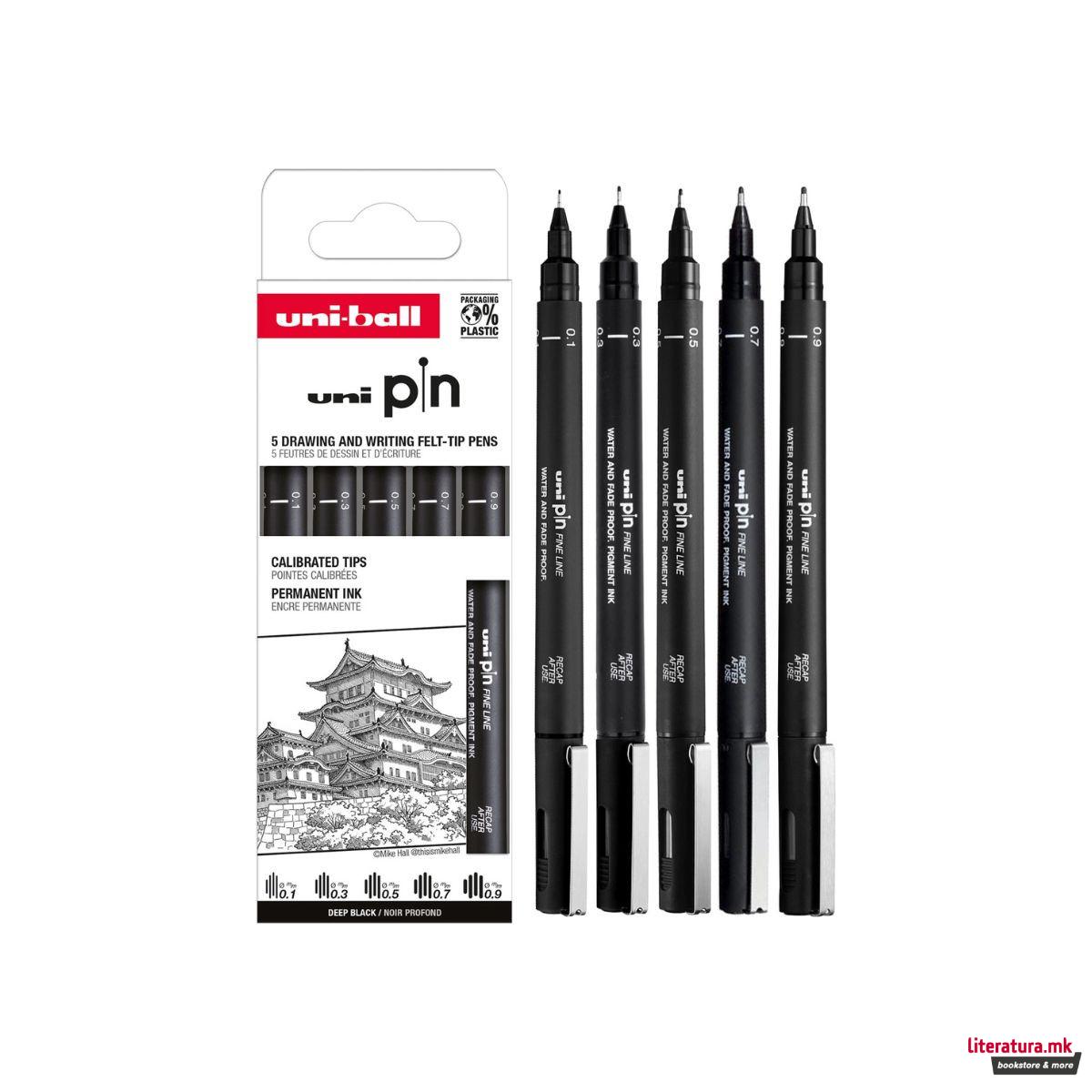 Сет фајнлајнери, Uni Pin - Classic, Deep Black, 1/5 