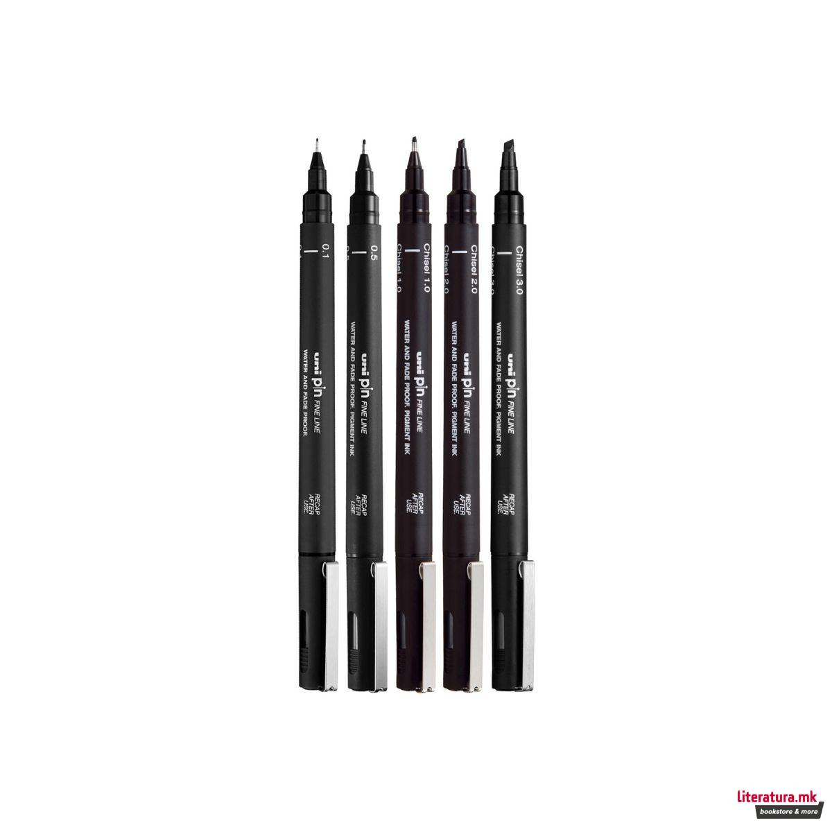 Сет фајнлајнери, Uni Pin - Calligraphy, Deep Black, 1/5 