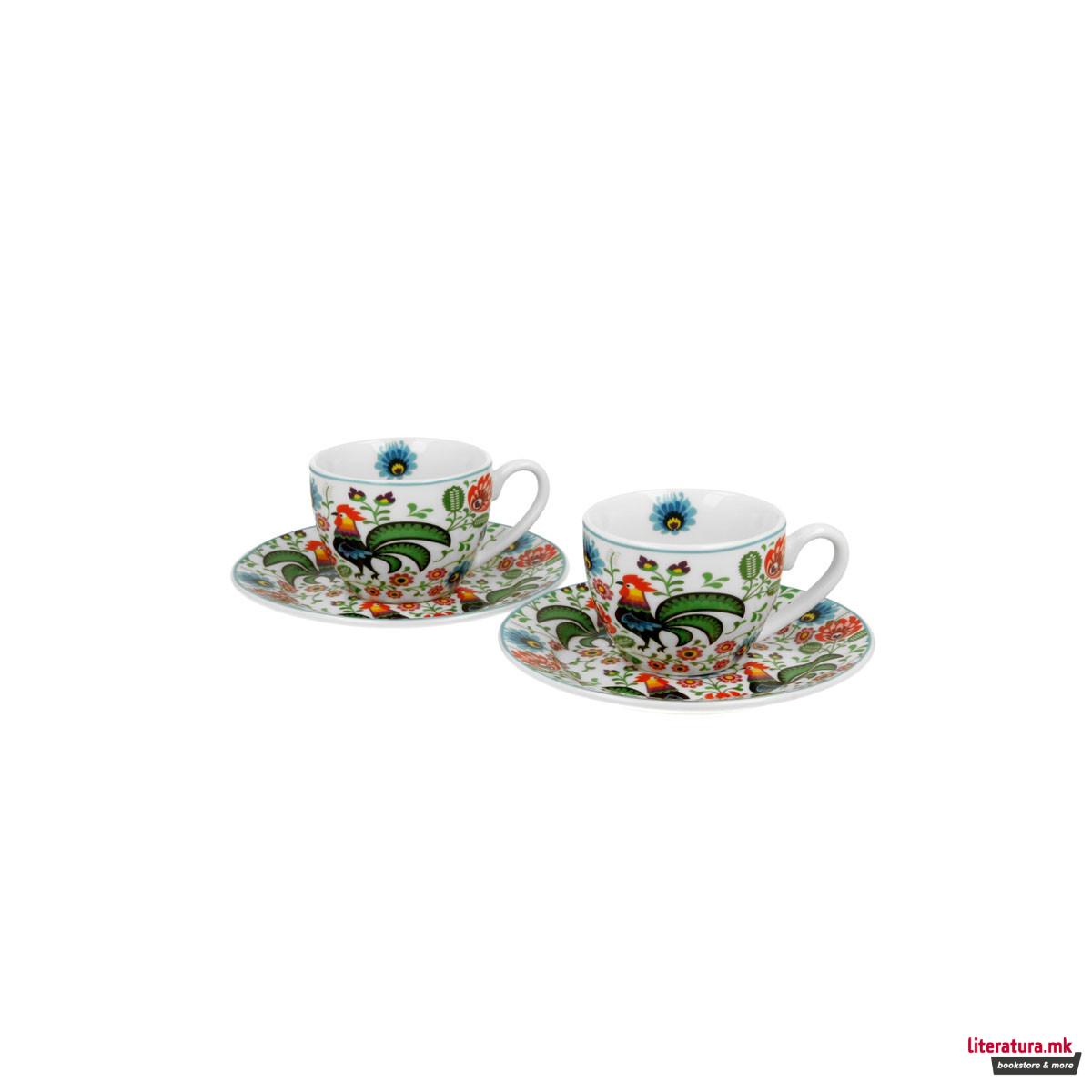 Сет од 2 шолји со тацни Folk Roosters, 110 ml 